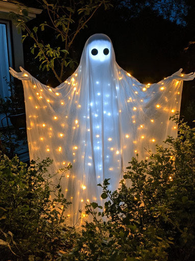 Glowing ghost costume for Halloween in the yard