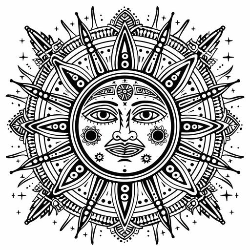 Stylized sun with tribal patterns - coloring book page