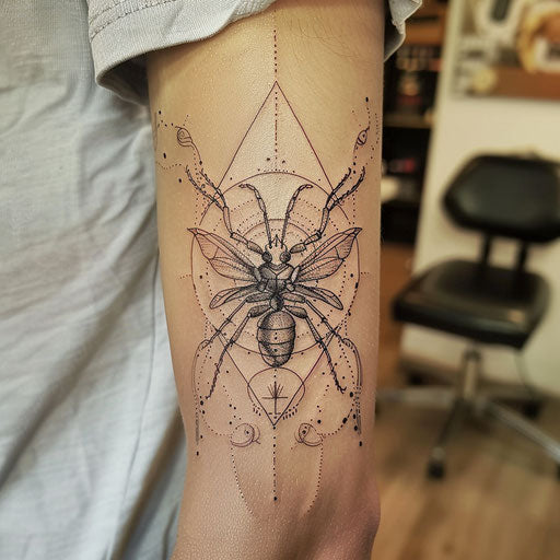 Elegant flat tattoo sketch of an ant with detailed mandala-style segments