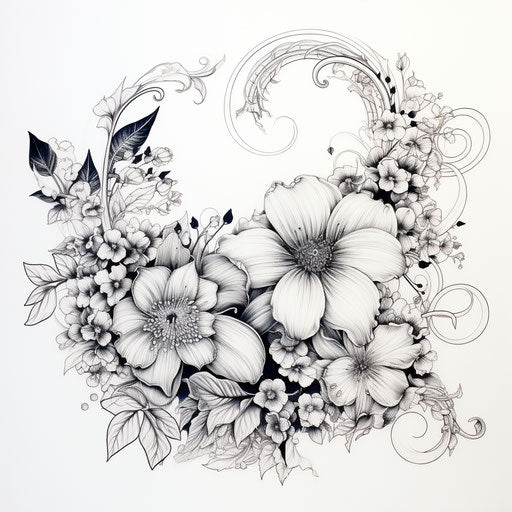 Drawing of flowers and leaves, intricate embellishments style