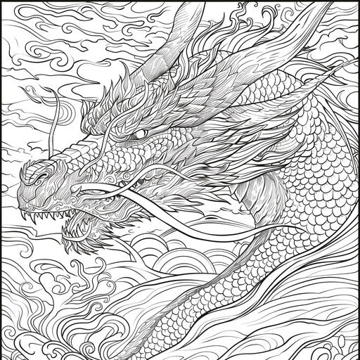 Dragon breathing fire with scales and wings. Coloring book page