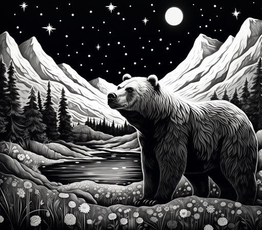 Bear with stars in backyard, psychedelic landscapes style