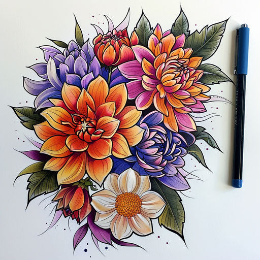 Energetic sketch of a birth flower bouquet with vibrant dahlias and gardenias