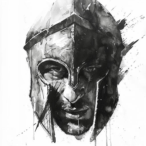 Artistic depiction of a Spartan warrior in grayscale on white
