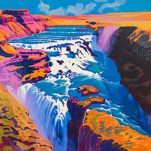 Gullfoss Falls, Iceland, bold, vibrant color palette