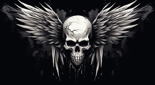 Winged skull, strong expression, black and white graphic