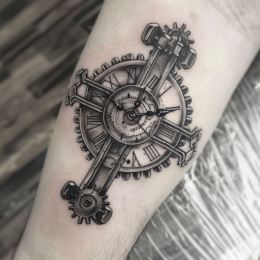 Strength cross tattoo with clock and gears
