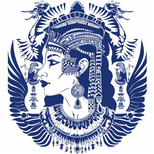 Detailed Cleopatra tattoo stencil with Egyptian motifs in dark blue on white