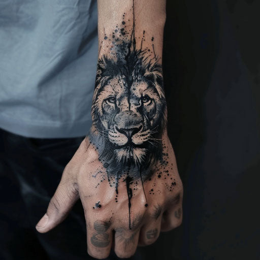 Lion head wrist tattoo in the style of Gerald Brom