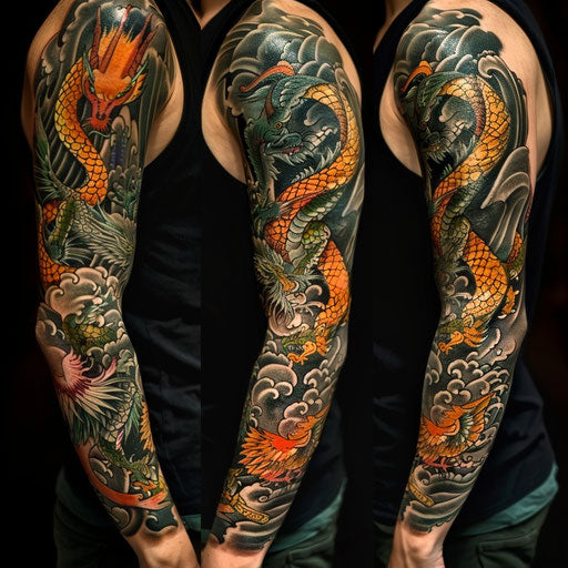 Dragon and phoenix sleeve tattoo