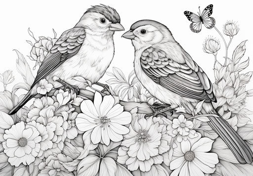 Birds on flowers: detailed line work, realistic, yellow & gold