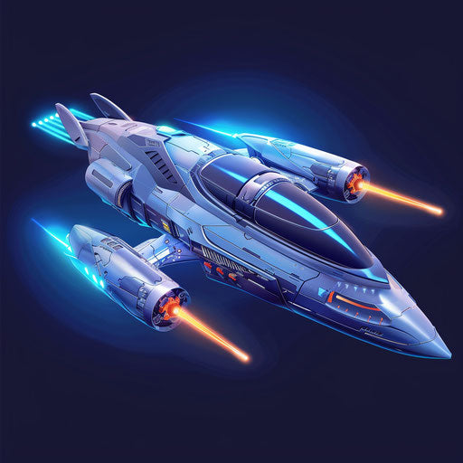 Realistic spaceship on flat indigo background