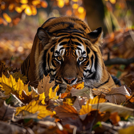 The tiger hidden among autumn leaves, ready to pounce