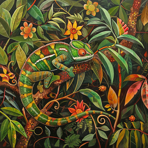 Chameleon blending into dense tropical jungle