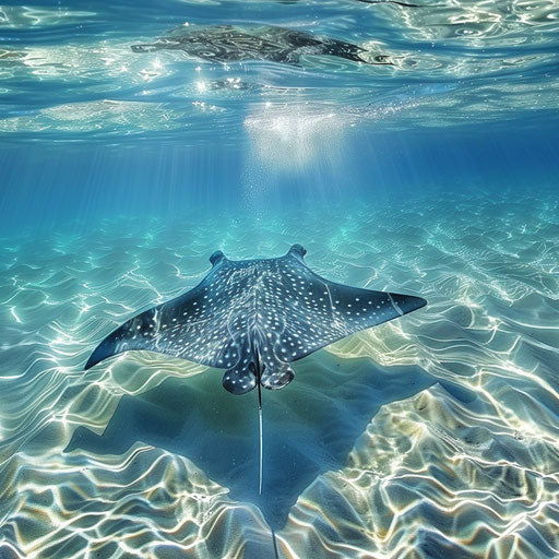 Manta ray in crystal-clear waters with sunbeams breaking through