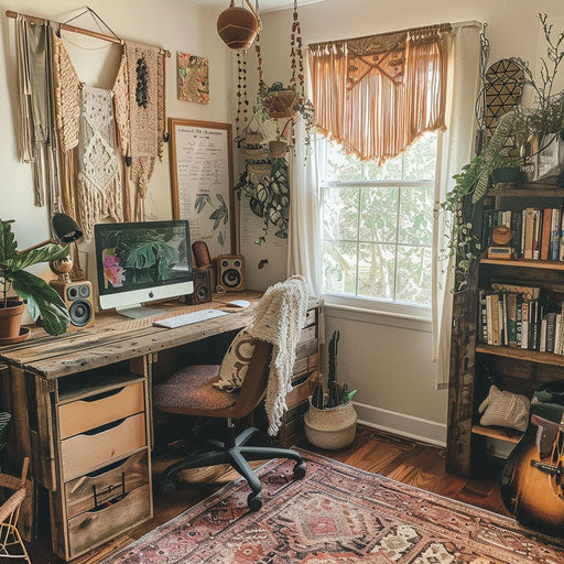 A home office with a DIY pallet desk and handmade decor for a personal touch