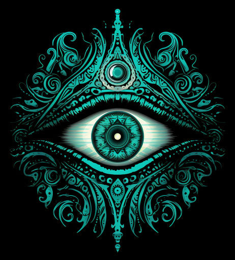 Tribal symbol of an eye with ornaments, light teal and black style