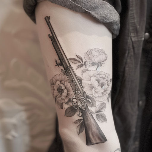 Ink wash tattoo of historic musket with peonies on white rice paper