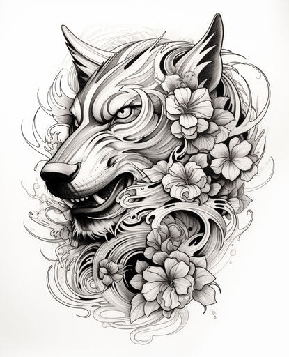 Shark and flowers in Maori art style, captivating shading