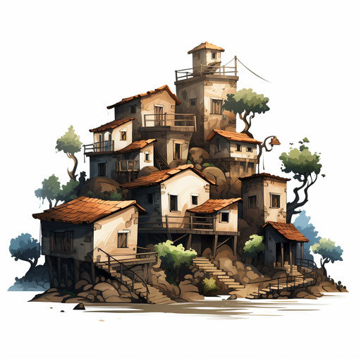 Village in Chiaroscuro Art Style, on white background