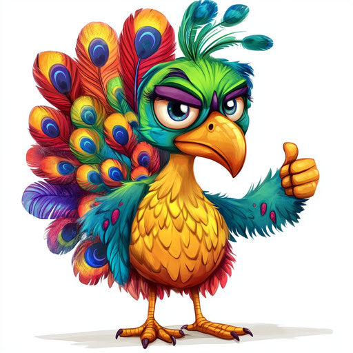 Humorous caricature of a peacock with human characteristics