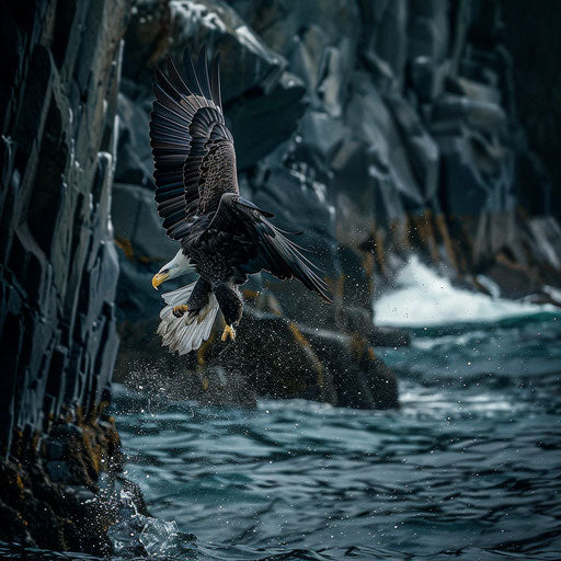 American eagle diving towards ocean off Maine coast