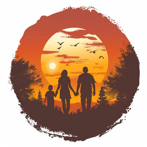 Clipart style flat tattoo sketch of a family walking hand in hand, sunset background in warm tones