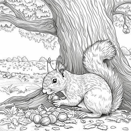 Cute squirrel gathering nuts under a big oak