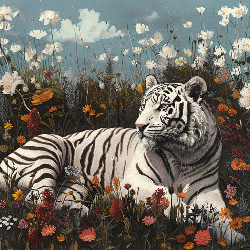 White tiger in field of wildflowers