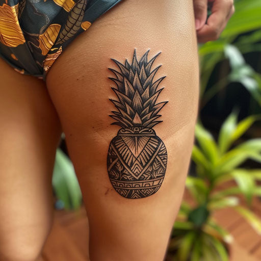 Exotic Polynesian pineapple tattoo on white surface