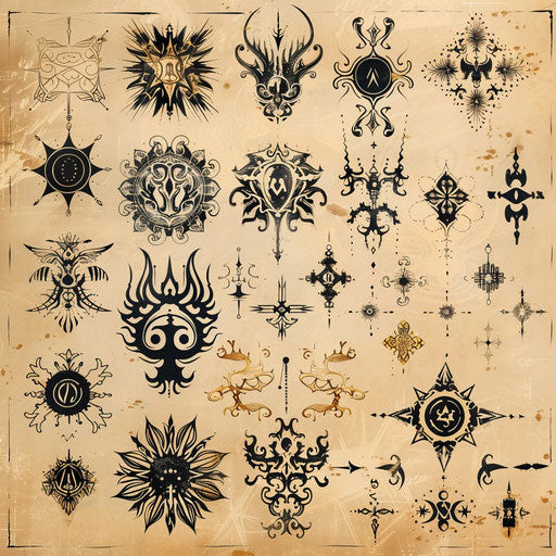 Flat vintage tattoo sketch of ornate chaos symbols, detailed in gold and black