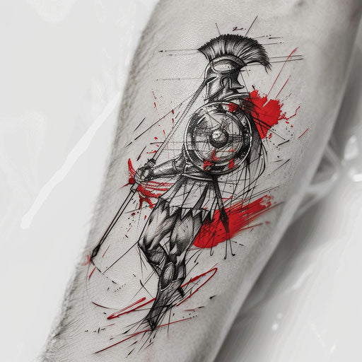 Achilles tattoo with shield and spear on white canvas