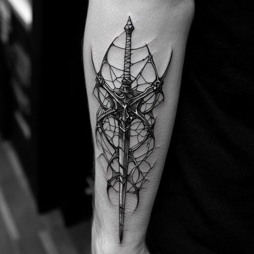 Elbow tattoo spider web with medieval weaponry, Adrian Smith style