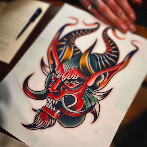 American style devil tattoo on white paper