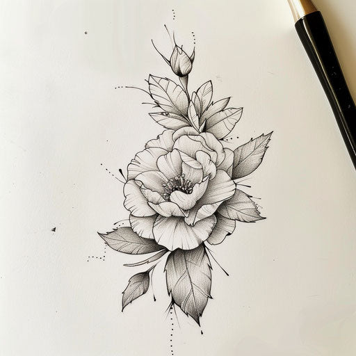 Nature-inspired flat tattoo sketch of a wild rose with leaves and a natural setting