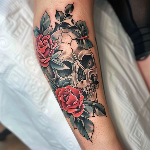 Skull entwined with roses in neo-traditional style on white