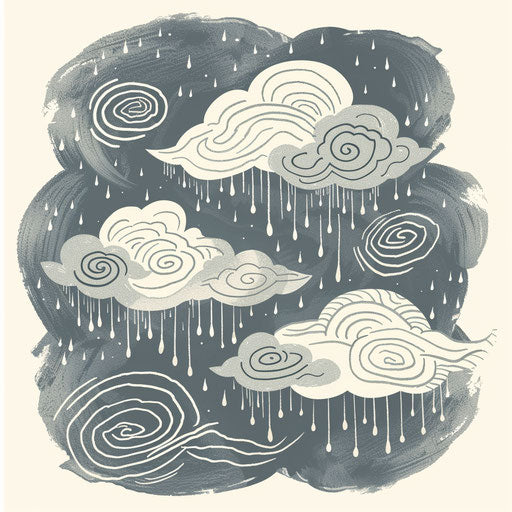 Cozy flat tattoo sketch of a storm with soft gray clouds and gentle rain