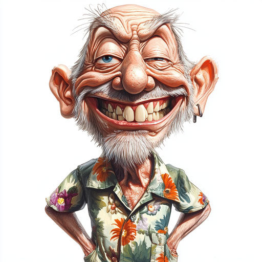 Humorous retirement caricature with exaggerated teeth and vibrant colors