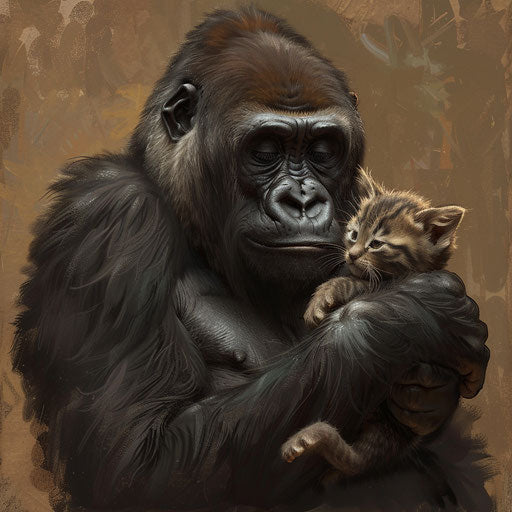 The gorilla gently holding a kitten, in the style of Aaron Blaise