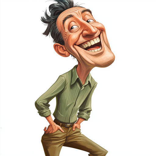 Humorous caricature of a father with large nose and long legs