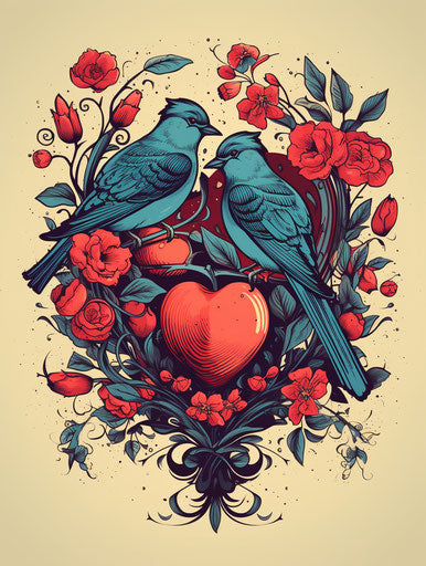 Birds and vegan heart in tattoo style, classic motifs, red and indigo