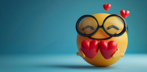 Emoticon with glasses holding red hearts, dark yellow and light indigo style, lovely 39:19
