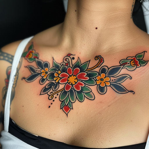 Colorful collarbone tattoo with traditional American themes