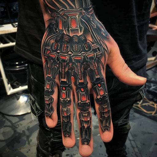 Hand tattoo for men with cybernetic and futuristic elements