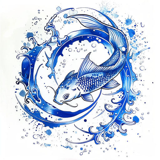 Artwork of the Fish (Ichthys) symbol combined with a water ripple effect, blue and white tattoo design on a white background