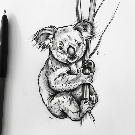 Minimalist black and white tattoo sketch of a koala
