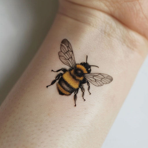 Tiny minimal bee tattoo design in black and yellow ink