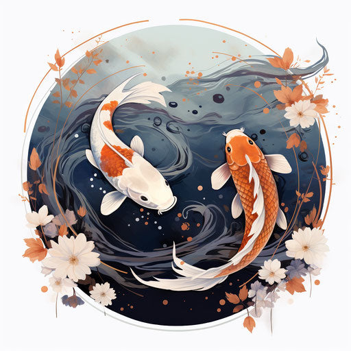 Two koi fish in a circle with a pond surrounded by water