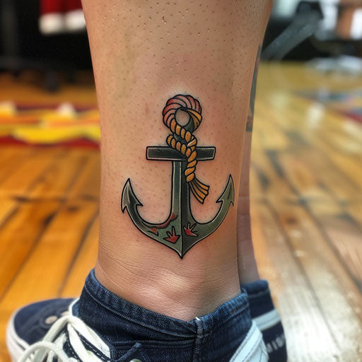 Ankle tattoos in Sailor Jerry style featuring anchor and rope
