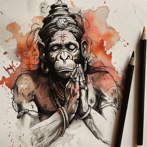 Elegant flat tattoo sketch with watercolor effects of Hanuman offering prayers